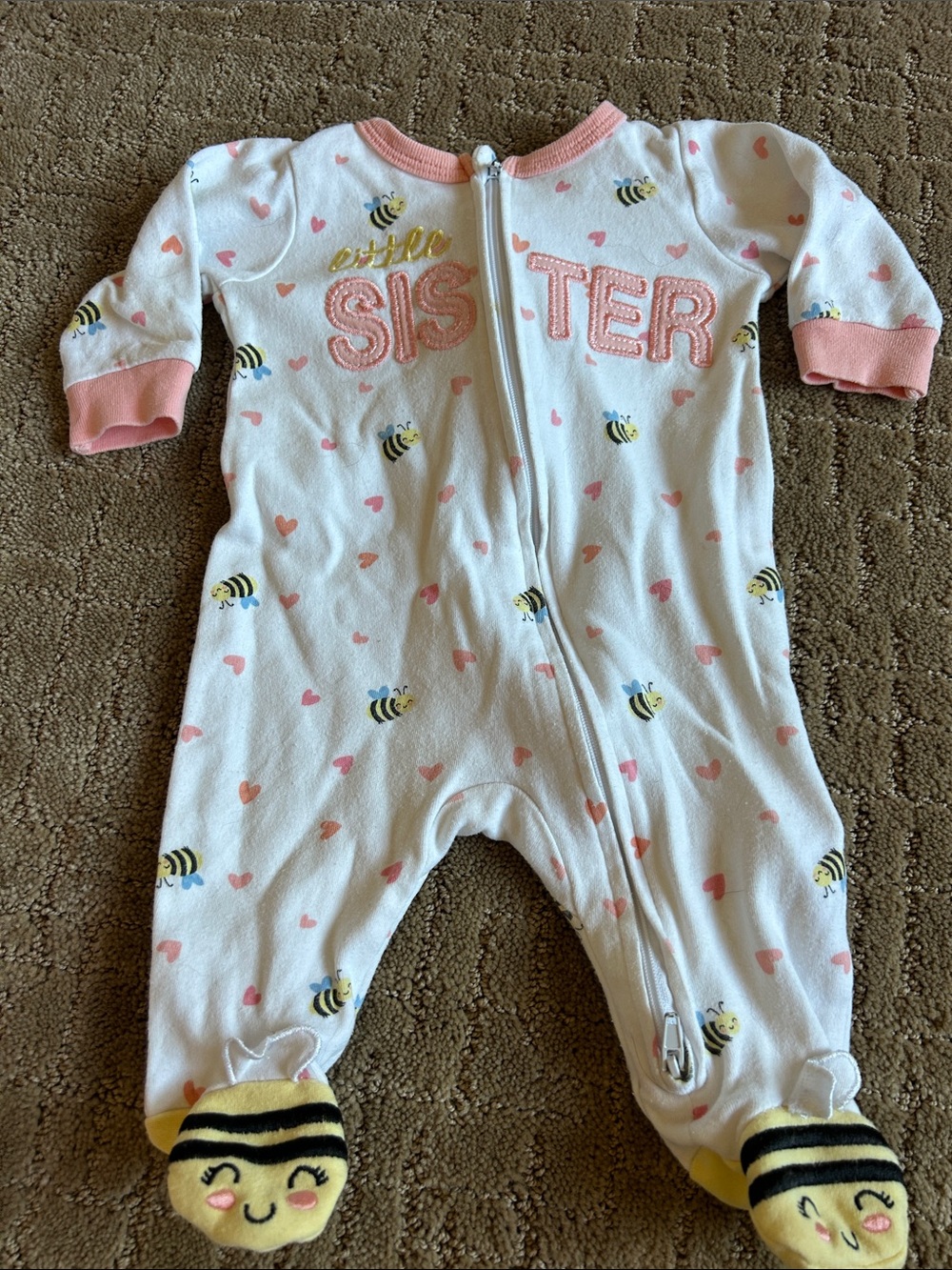 White Bee-Print Pink-Trim Footed One-Piece for Kids - Little Sister